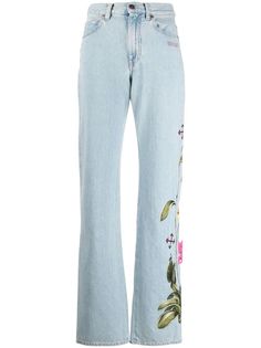 Off-White прямые джинсы с цветочной вышивкой