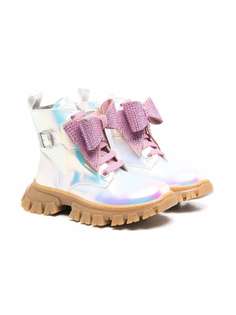 Monnalisa iridescent bow-detail chunky ankle boots