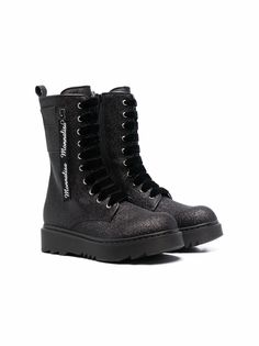 Monnalisa glitter lace-up chunky leather boots