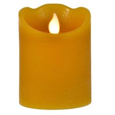 Свеча восковая ПРАЗДНИЧНАЯ с глиттером, горчичная, тёплый белый LED-огонь колышущийся, 7.5x10 см, батарейки, таймер, Kae Kaemingk