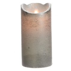 Свеча восковая ПРАЗДНИЧНАЯ с глиттером, серебряная, тёплый белый LED-огонь колышущийся, 7.5x15 см, батарейки, таймер, Ka Kaemingk