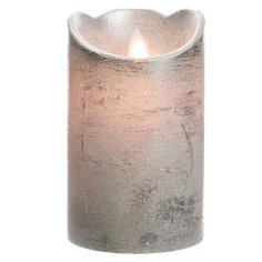 Свеча восковая ПРАЗДНИЧНАЯ с глиттером, серебряная, тёплый белый LED-огонь колышущийся, 7.5x12.5 см, батарейки, таймер, Kaemingk