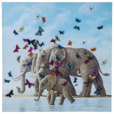 KARE Design Картина Elefants with Butterflys, коллекция "Слоны И Бабочки" 120*120*4, Холст, Ель, Мультиколор
