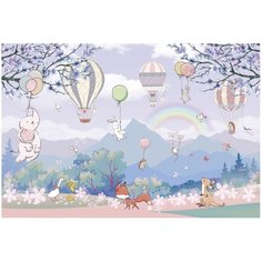 Фотообои флизелиновые Топ Фотообои Зверюшки и воздушные шары в нежных тонах 400х270 (ШхВ) сиреневый/светло-синий/серо-голубой/светло-розовый/белый
