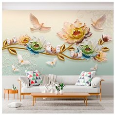 Фотообои флизелиновые Топ Фотообои Барельеф с 3D цветами и птицами на ветке 300х180 (ШхВ) светло-бежевый/светло-зеленый/светло-оранжевый/персиковый/белый