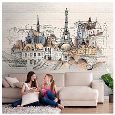 Фотообои флизелиновые Топ Фотообои Рисунок Парижа на кирпичной стене 300х270 (ШхВ) светло-бежевый/темно-коричневый/серо-голубой/светло-коричневый/светло-песочный