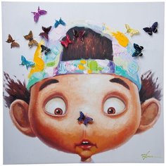 KARE Design Картина Boy with Butterflys, коллекция "Мальчики С Бабочками" 100*100*4, Холст, Ель, Мультиколор