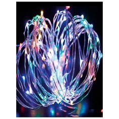 Светодиодная гирлянда для улицы Космос "Разноцветные нити" 100 мельчайших светодиодов в виде капель расположенные на медной тонкой проволоке. Работает от 220В, вилка с трансформатором, IP44, 10 м. Kosmos