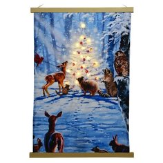 Светящаяся картина НОВОГОДНИЙ ЛЕС (зверушки на полянке), полиэстер, тёплые белые LED-огни, 40x47 см, таймер, батарейки, Kaemingk