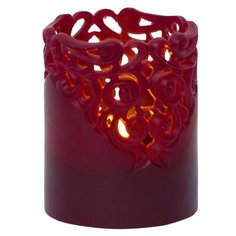 Электрическая восковая свеча КРУЖЕВНАЯ красная, тёплый белый LED-огонь мерцающий, таймер, 8х10 см, STAR trading 062-28
