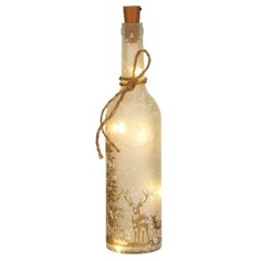 Декоративный светильник-бутыль ПРОГУЛКА С ОЛЕНЯМИ, золотистый орнамент, 5 тёплых белых LED-огней, 31х7 см, батарейки, Edelman