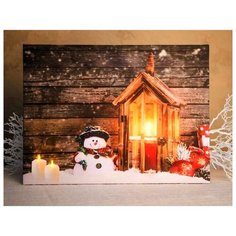 Светодиодное настенное панно ФОНАРИК - ДОМИК ДЛЯ СНЕГОВИЧКА с LED-огнями, 30х40 см, Koopman International