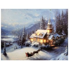 Светящееся настенное панно ЗИМНИЕ СУМЕРКИ - ЦЕРКОВЬ, САНИ (большое) с LED огнями, 40х60 см, Kaemingk