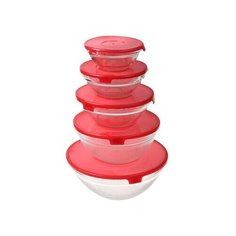 Набор контейнеров с крышкой 5шт (140мл, 210мл, 350мл, 450мл, 850мл), стекло, пластик, красный Простые решения
