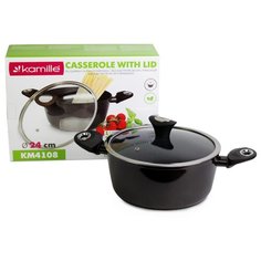 Кастрюля 24см из алюминия с антипригарным покрытием Black marble и стеклянной крышкой Kamille