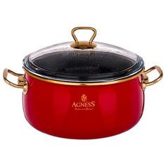 Кастрюля Agness эмалированная 2,4 л/18 см со стеклянной крышкой и антипригарным мраморным покрытием (950-210)