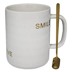 Кружка Smile white, 400 мл с ложкой в подарочной упаковке, фарфор / Lenardi