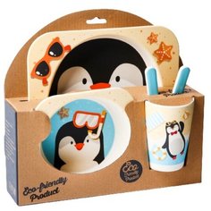 Набор детской посуды «Пингвинёнок», из бамбука, 5 предметов: тарелка, миска, стакан, столовые приборы Крошка Я