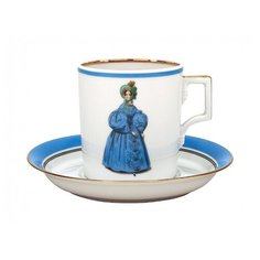 Чашка с блюдцем чайная. Императорский фарфоровый завод. Форма Гербовая. Рисунок Modes de Paris (синий, 1836год). Твердый фарфор. 220 мл