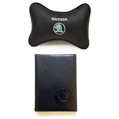 67813 Подарочный набор с автологотипом SKODA, подушка на подголовник с вышивкой и бумажник водителя с логотипом Auto Premium