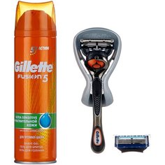 Набор Gillette подарочный дорожная косметичка, гель для бритья Fusion5 Ultra Sensitive 200 мл, бритвенный станок Fusion ProGlide Flexball, сменные кассеты 2 шт