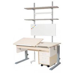 Стол детский Астек-Элара Лидер с ящиком, стеллажом и тумбой 120x72 см береза/рамух/серый