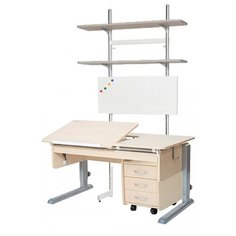Стол детский Астек-Элара Лидер с ящиком, стеллажом и тумбой 120x72 см береза/береза/серый