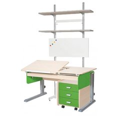 Стол детский Астек-Элара Лидер с ящиком, стеллажом и тумбой 120x72 см береза/зеленый/серый