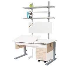 Стол детский Астек-Элара Лидер с ящиком, стеллажом и тумбой 120x72 см рамух/береза/серый