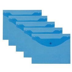 BRAUBERG Папка-конверт с кнопкой A5, прозрачный пластик, 5 штук синий