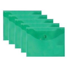 BRAUBERG Папка-конверт с кнопкой A5, прозрачный пластик, 5 штук зелeный