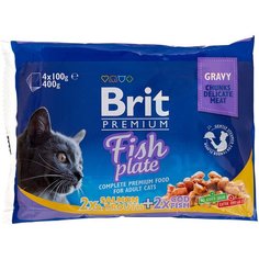 Влажный корм для кошек Brit Premium Fish Plate, беззерновой, с треской, с лососем, с форелью 4 шт. х 100 г (кусочки в соусе) Brit*