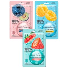 Funny Organix BUBBLEMANIA кислородные тканевые маски для лица дикая черника, сладкая малина, сочная клубника, 25 г, 3 шт.