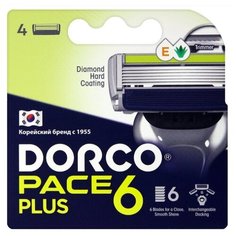 Сменные кассеты Dorco PACE6 Plus (4 кассеты), 6-лезвийные + лезвие-триммер, увл.полоса, крепление PACE