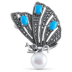 Silver WINGS Брошь из серебра бирюза пр., жемчуг, куб.цирконий, марказит 080010-318-39