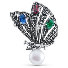 Silver WINGS Брошь из серебра жемчуг, куб.цирконий, марказит 080014-318mix-39