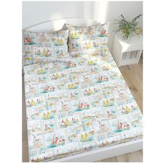 Простыня Сказка Витамин Sea натяжная 180 x 200 см бежевый/голубой/белый
