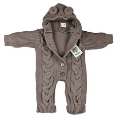 Комбинезон вязаный для новорожденных косичка АЙШАХ-KIDS с капюшоном мишка, коричневый, размер 62 (24)