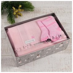 Набор подарочный для новорожденных Крошка Я "Котики", вязаный плед 90*90 см, носки 9-12 месяцев