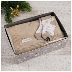 Набор подарочный для новорожденных Крошка Я "Львенок", вязаный плед 90*90 см, носки 9-12 месяцев