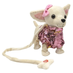 Мягкая игрушка Пушистые друзья Собачка в костюмчике с розовыми пайетками на мягком поводке 26 см