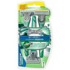 Бритвенные станки одноразовые WILKINSON SWORD Schick QUATTRO TITANIUM SENSITIVE (3 станка), 4-лезв. + лезвие-триммер, плавающая головка, увл.полоска, прорезиненная ручка
