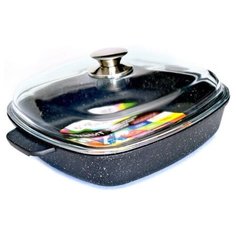 Жаровня квадратная VICTORIA Гранит, литая, с безопасным антипригарным покрытием, стеклянная крышка, 26х26см