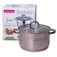 Кастрюля 6.5л из нержавеющей стали с крышкой и полыми ручками Kamille