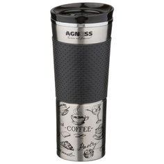 Термокружка Agness 910-510 с кнопкой (0,4 л), черный/серебристый с рисунком (910-510)