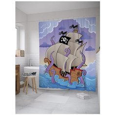 Штора для ванной JoyArty Пиратский корабль с осьминогом 180x200 синий/фиолетовый