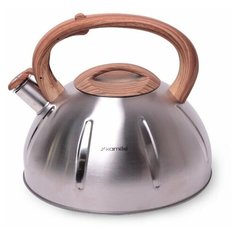 Чайник со свистком и бакелитовой ручкой, серебристый с ручкой под дерево, 5 л Kamille