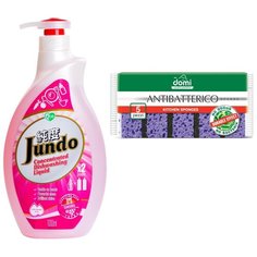 Jundo Концентрированный ЭКО гель с гиалуроновой кислотой для мытья посуды и детских принадлежностей «Sakura»,1л в подарок Губки кухонные антибактериальные Antibatterico 5шт DOMI