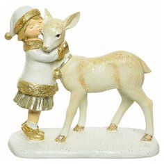 Новогодняя фигурка ДЕВОЧКА С ОЛЕНЁНКОМ полистоун, белая с золотым, 7.5x16.5x15.3 см, Kaemingk 530398-олененок
