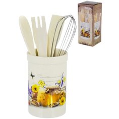 Держатель для столовых приборов 4 предмета, в наборе деревянные ложка, вилка, лопатка и метал.венчик декор МИЕЛЬ, подарочная упаковка ТМ Elrington , арт. 110-07017